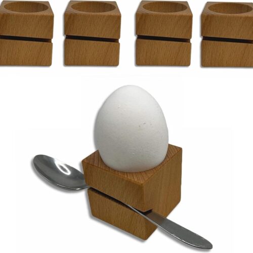 Set van 4 eierdopjes met lepelhouder - modern hoekig design - massief hout - 45 x 45 x 45 cm
