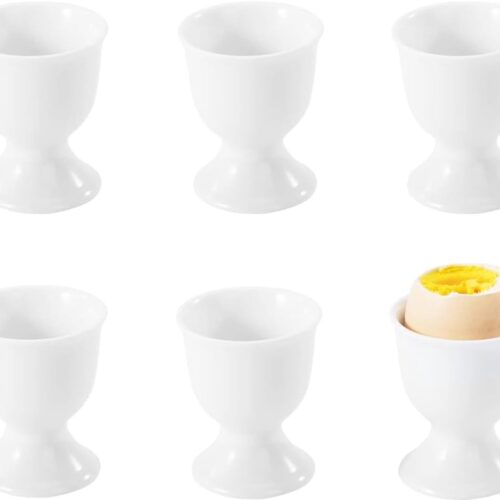Set van 6 eierdopjes - porselein - eierstandaard - stapelbaar - ontbijt - gekookt kookgereedschap - wit