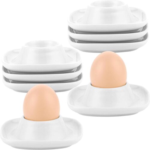 Set van 8 eierdopjes wit porselein - grappige, stapelbare en vierkante eierdopjes - 9,5 cm keramische ontbijtset voor camping en keuken.