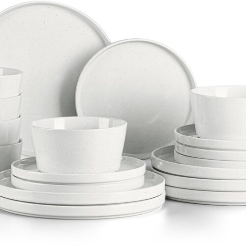 Sierra Serviesset, servies set, 18-delige stoneware servies set servies voor 6 personen, servies met dessertborden cereal kommen diner borden, klassiek wit met spikkels, magnetron en vaatwasser bestendig