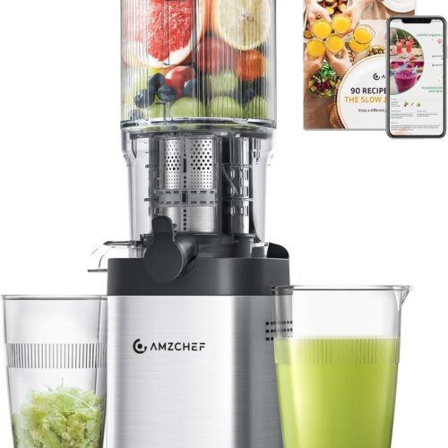 Slowjuicer voor groente en fruit met grote opening - 200 W, roestvrij staal, anti-druppeldesign en eenvoudig te monteren