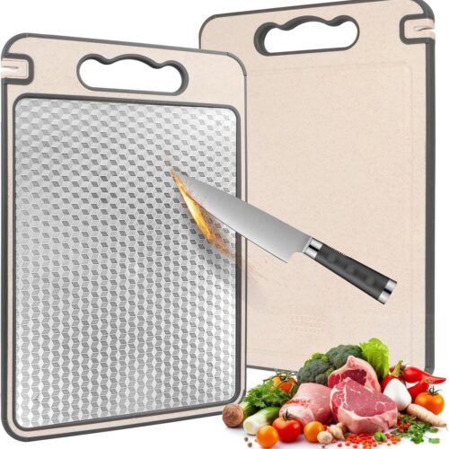 Snijplank van roestvrij staal, dubbelzijdige snijplank voor de keuken, krasbestendig met gaasontwerp, snijplank van roestvrij staal en snijplank van tarwestro met sapgoot