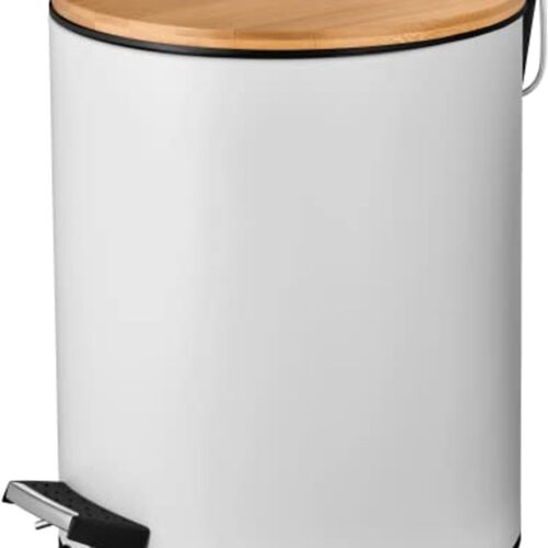 Stylische witte 5L cosmetica-afvalemmer met softclose | Elegante badkameremmer met bamboe deksel