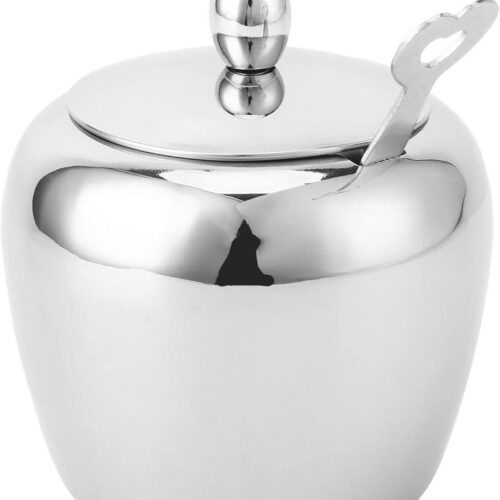 Suikerpot van Roestvrij Staal Onbreekbaar met Gepolijst Oppervlak Deksel en Lepel 33 Inch Diameter 39 Inch Hoogte voor Thuiskeuken met Zout