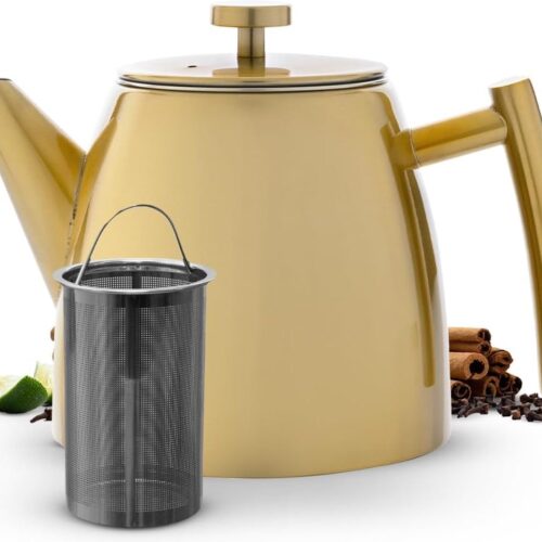 Theepot | Goud | Roestvrij Staal 1L | Theepot met Zeef | Theepot Roestvrij Staal | Stoof voor Theepot | Theepot met Stoofje | Theemaker | Dubbelwandig