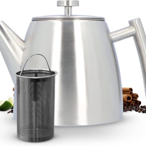 Theepot | Grijs | Roestvrij Staal 1L | Theepot met Zeef | Theepot Roestvrij Staal | Stoof voor Theepot | Theepot met Stoofje | Theemaker | Dubbelwandig