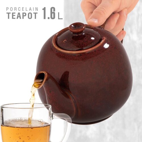 Theepot met zeefinzet Swansea koraal rood 1,6 L met filter van porselein door , theepot die druppelvrij is. Theepot met zeef porselein