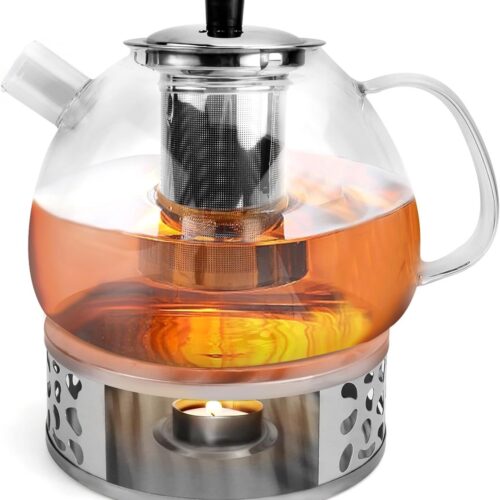 Theepot met zeefinzetstuk, glazen theepot met stoofje, theepot met zeefje, theepot met waterreservoir, theepot met theelichtwarmer, voor losse thee, vruchtenthee, geurende thee (theepot)