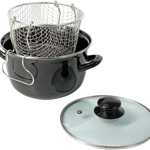 Traditionele friteuse van geëmailleerd staal Ø 26 cm met glazen deksel en vertinde mand voor alle warmtebronnen