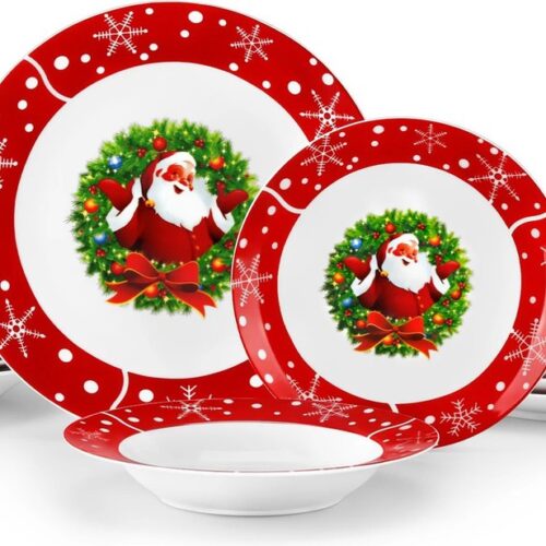 Trovado Kerst Serviesset 18-delig - Servies Set Kerst - 6 personen - Wit met Rood - Kerstman - Borden - Keramiek - Ontbijt - Diner