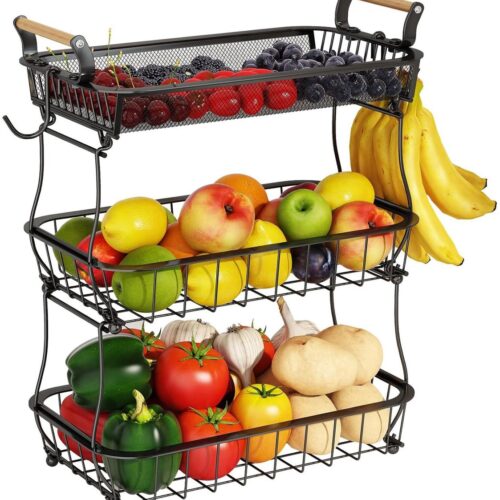 Unyqoos® Metalen Etagère voor Fruit en Groenten met Drie Verwijderbare Lagen en Bananenhouders