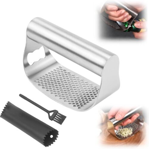Upgrade Knoflookpers - Roestvrijstalen Knoflookpers met Schoonmaakborstel en Knoflookschiller voor het Verpulveren van Knoflook - Keukenapparaat