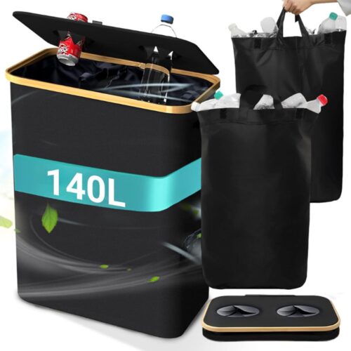 Verzamelcontainer 140L - 2 Vakken Voor Statiegeldflessen - Geschikt Voor 80-110 Flessen - Recyclingcontainer Met Draagtas - Afvalemmer En Wasmand Voor Keuken Of Bergruimte