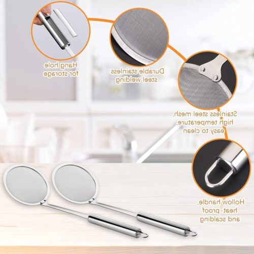 Zeynomax - Hot Pot Vet Skimmer Lepel 10cm Roestvrij Staal Fijne Mesh Zeef - Lange Handvat - Oliefilter Skimming Vet en Schuim