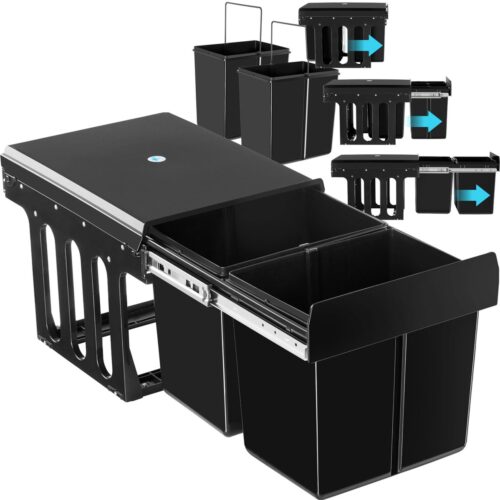 tectake® Inbouw Prullenbak met 2 Vakken - 2x15 L - Vuilnisbak - Afvalscheiding - Efficiënte opruimoplossing voor Keuken en Kantoor - Afvalemmer met telescooprails