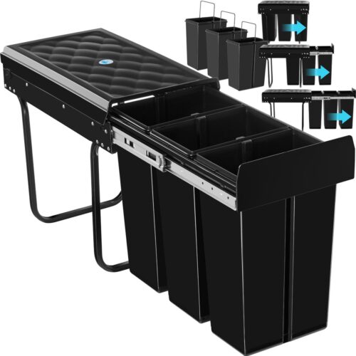 tectake® Inbouw Prullenbak met 3 Vakken - 3x10 L - Vuilnisbak - Afvalscheiding - Efficiënte opruimoplossing voor Keuken en Kantoor - Afvalemmer met telescooprails