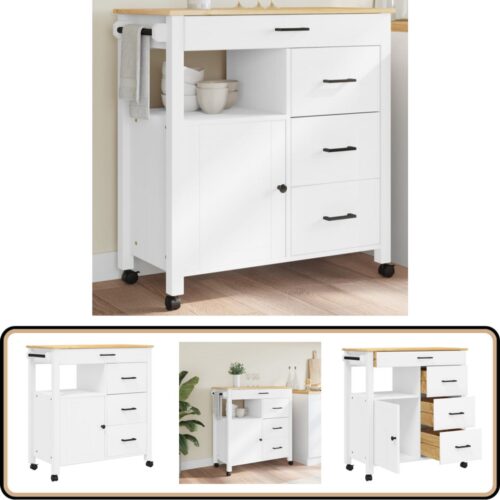 vidaXL Keukentrolley MONZA - Wit - Massief Grenenhout Keuken Trolley - Keukenkasten - Opslagoplossing - Granenhouten Kast - Vintage Stijl