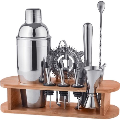 11 stuks - Cocktailshakerset - Barset met standaard - Bargereedschapset: 700 ml cocktailshaker, maatbeker, menglepel, ijsblokjesmachine, schenktuit, ijstang, flesopener, ijszeef, standaard - Voor het mixen van drankjes - Zilver