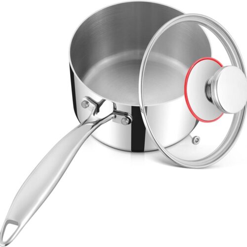 14 cm Steelpan met 3-laags roestvrij staal en glazen deksel - Geschikt voor inductie - 1,4 l - Gezond en vaatwasmachinebestendig