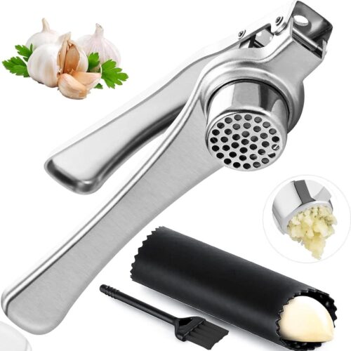 175 cm Twiller Garlic Press Knoflookpers van roestvrij staal - keukenhulp met schilhulp en borstel - vaatwasmachinebestendig - zilver knoflookpers