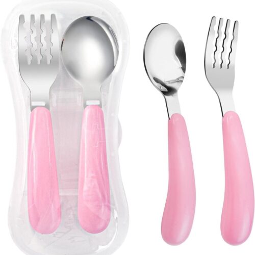 2-Pack Peuter Bestekset met Reiskoffer - RVS Kinderbestek voor School Lunch - Peuter Vork en Lepel - Roze