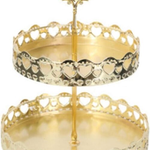2-Tier Gouden Serveerlade - Ronde Serveerschaal voor Snacks Noten Snoep - Multifunctionele Decoratieve Dienblad voor Tafeldecoratie met Uitgehold Love Heart