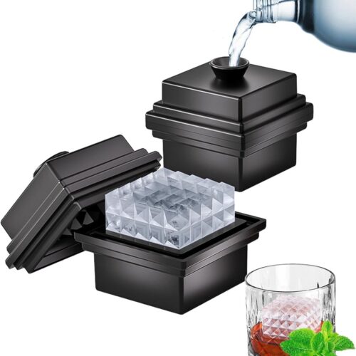 2 grote siliconen ijsblokjesvormen met trechterdeksels - 7 cm - Prismatische ijsblokjesvorm - Gemakkelijk te verwijderen - Transparante ijsblokjesmachine - Langzaam smeltende, diamantvormige ijsblokjes - Geweldig voor cocktails en drankjes