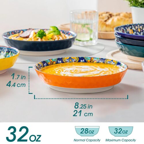 21 cm ROND 4,4 cm Diep Handgeschilderd Boheemse Stijl Diep Diner Borden Set van 6 Stuks -Aardewerk Servies Keramisch -Dessert-Salade-Fruit-Cake Plate - Oven & Magnetron Vaatwasmachinebestendig-Steengoed Gedurfd, Helder, Levendig, Mooi en Verfrissend
