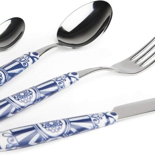 24-delige Bestekset van Roestvrij Staal met Kunststof Handvat en Blauwe Versieringen
