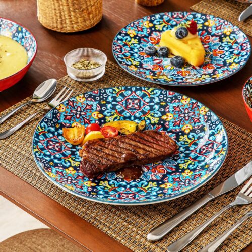 27,2 cm & 10.5" 2,3 cm Diep Handgeschilderd Boheemse Stijl Diner Borden Set van 6 Stuks Aardewerk Servies Keramisch Gekleurd Dessert-Salade-Fruit-Cake Plate - Oven & Magnetron Vaatwasmachinebestendig- Serviesgerei Borden Set-Steengoed Diner Bord-Set