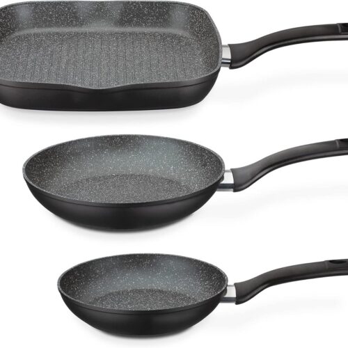 3-delige pannenset met braadpannen en grillpan voor inductie, met anti-aanbaklaag