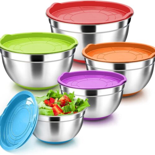 5-Piece Stainless Steel Salad Bowls with Colorful Lid and Non-Slip Silicone Bottom - Baking Safe - Dishwasher Safe - Various Sizes - Herogo salad dough bowl