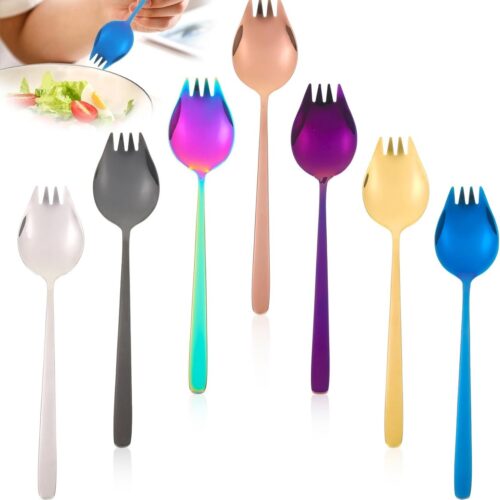 7 stuks 304 roestvrijstalen Spork Spork, lange Spork slavork, 2 in 1 lepel, multifunctionele lepel en vork, soeplepel, pastalepel, saladeservers voor kamperen thuis of op reis