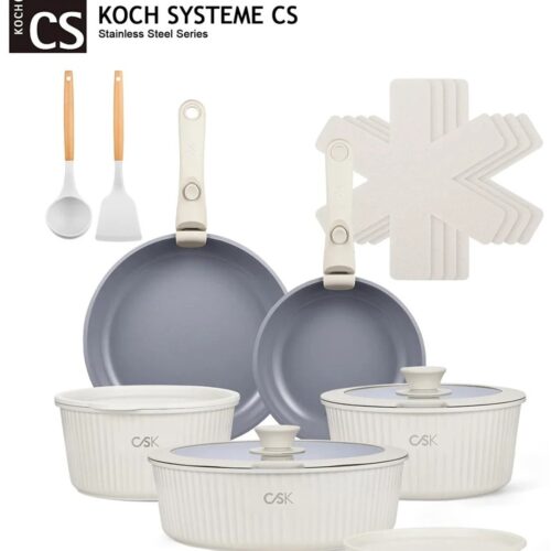 ACEP Pannenset - Kookpotten - Anti-aanbaklaag - Pannenset inductie koudgrepen - 17-delige potten en pannenset met afneembaar handvat - Creme wit - Pannen