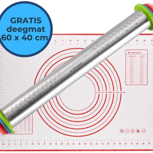 AXIMO Deegroller RVS verstelbaar met XL deegmat 60x40 cm - Fondantroller met siliconen XL bakmat - Antikleef - RVS Rolstok