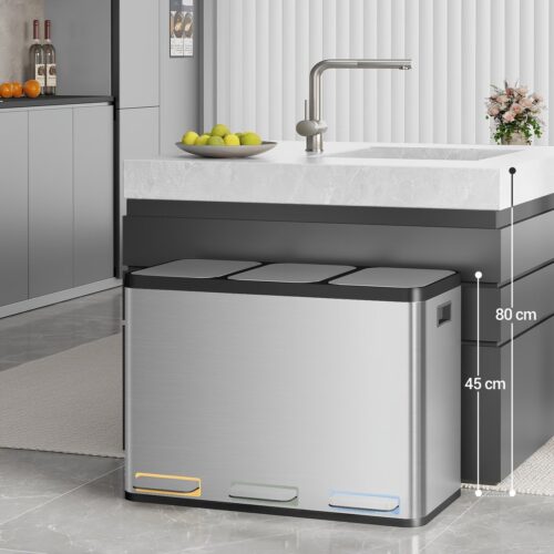 Afvalemmer Keuken - Prullenbak - Vuilnisbak - Afvalbak - Afvalcontainer - RVS 3-Vak 45L - Handsfree Voetpedaal - Stil Dempingssysteem
