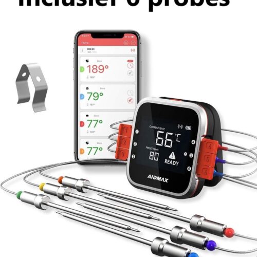 AidMax - BBQ thermometer - Vleesthermometer BBQ - 6 sondes - Bluetooth met App - Waterbestendig - Incl. Batterijen - Geleverd met 6 sondes