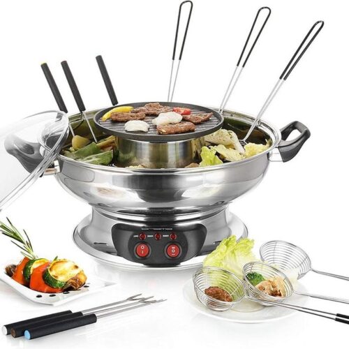 Asia bouillon fondue voor vis en vlees - incl. grillplaat en glazen deksel - 4 l capaciteit - 2 warmtestanden - elektrische hot pot-set - roestvrij staal fondue set