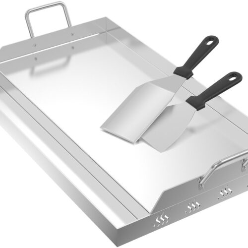 Aufun Bbq Grillplaat Met Handgrepen, Universele Grillplaat Van Roestvrij Staal Voor Gelijkmatige Warmteverdeling, Grillplaat Met Grillspatel, Geschikt Voor Houtskool- En Gasgrills, Zilver, 57X32X7 Cm