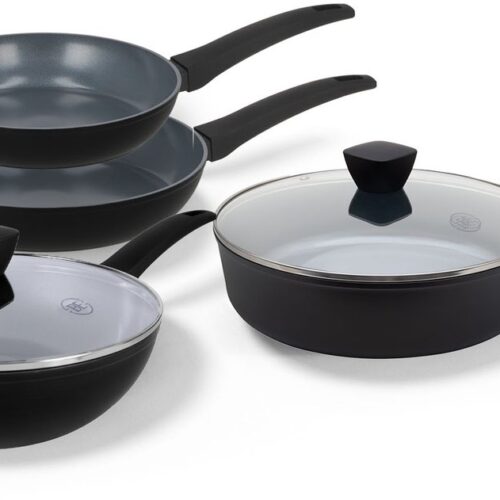 BE Living Pannenset 4-delig - Ø 24 & 28 cm Koekenpan + Ø 28 cm Hapjespan + Ø 28 cm Wokpan met Deksel - Koekenpannenset - Keramisch - Inductie - PFAS Vrij Anti Aanbak - Delight Series