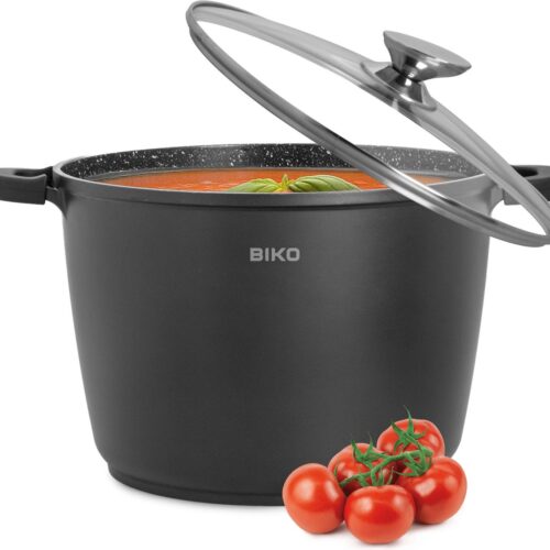 BIKO® AD28 Soeppan Inductie - Bakpan Inductie - Braadpan - Ø 28 cm - 10,5 Liter Kookpan Met Glazen Deksel - Voor Alle Warmtebronnen - Antiaanbaklaag - Aluminium - Zwart