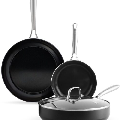 BK Magma Aluminium Pannenset - 3-Delig - Koekenpan Ø20 en Ø28cm - Hapjespan Ø28cm 3.6L - PFAS-vrij - Inductie - Vaatwasserbestendig - Snelle Opwarming - RVS Handgrepen - Ovenbestendig tot 250°C - Zwart - met deksel