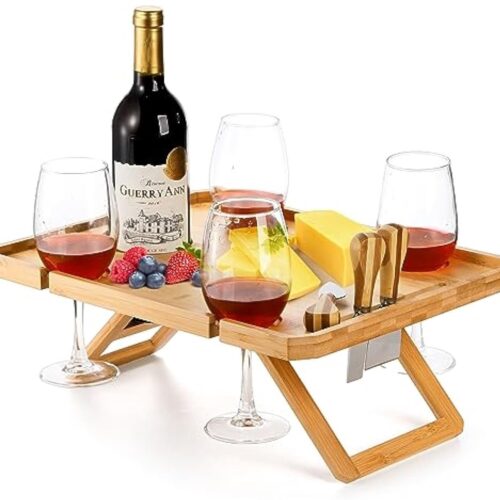 Bamboe Wijnpicknicktafel - 40 × 31 × 15 cm - Opvouwbare Tafel met Glashouders & Kaasmes - Voor Park & Strand