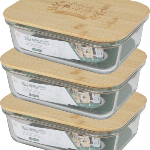 Bambou & Co Voedsel bewaarbakje/vershoudbakje - 3x - bamboe deksel - 1500 ml - ovenbestendig glas - 22 x 17 x 7 cm