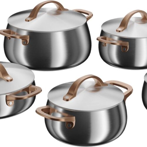 BergHOFF Home Belly - 10-delige RVS Kookpannenset - Kookpotten, Steelpan, Soeppot & Sauteerpan - 3-PLY Roestvrij Staal - Zonder Antiaanbaklaag - Geschikt voor Inductie - PFAS-vrij - Ovenbestendig tot 250 °C - Warm Blush