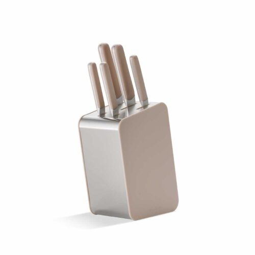 BergHOFF Home Elements Messenblok Set Sand 6-delig - Complete Messenset met Stijlvol Blok - Roestvrijstalen Messen - Ergonomisch Handvat - Antislip Bodem - Perfect in Balans - Vaatwasbestendig - Duurzaam & Praktisch