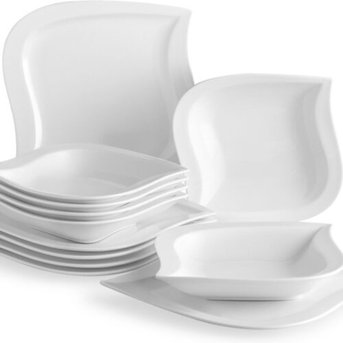 Bolt Edge Serviesset - 6 Persoons - 12 Delig - Porselein - Bordenset Wit - Luxe Design