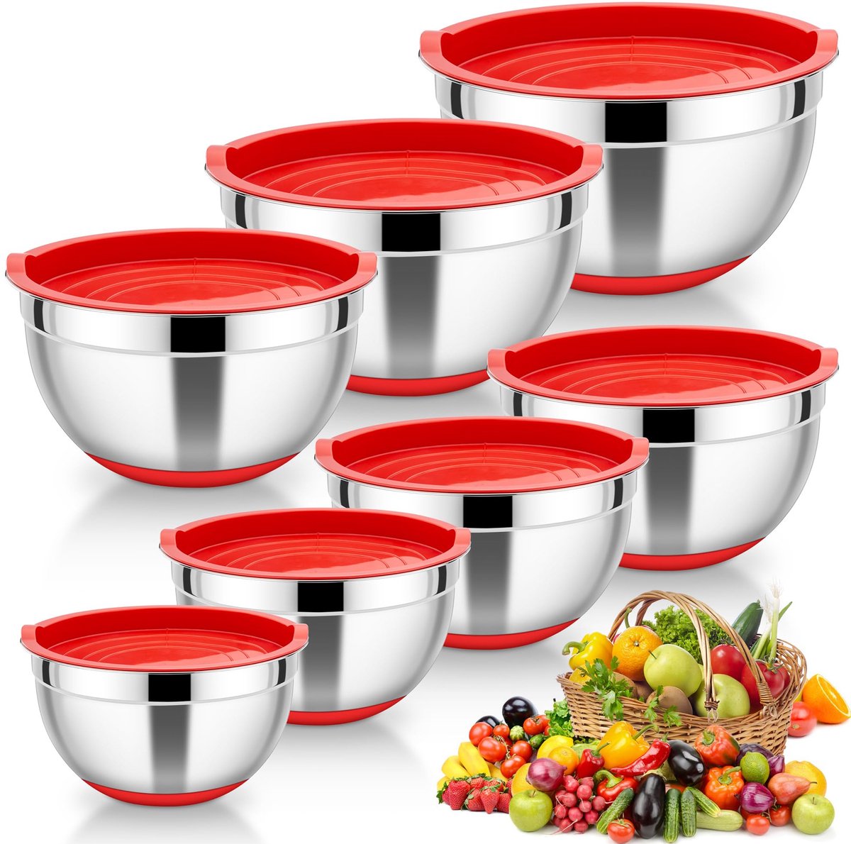 boraboi® zeven delige roestvrijstalen mengkom set met siliconen bodem en deksel Boraboi® Zeven-delige roestvrijstalen mengkom set met siliconen bodem en deksel