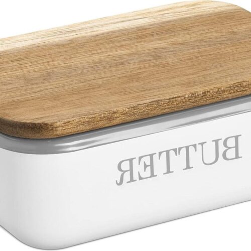 Botervloot met houten deksel - metaal wit - siliconen afdichtring - 155 x 105 x 6 cm - boterhouder - voedsel opslag