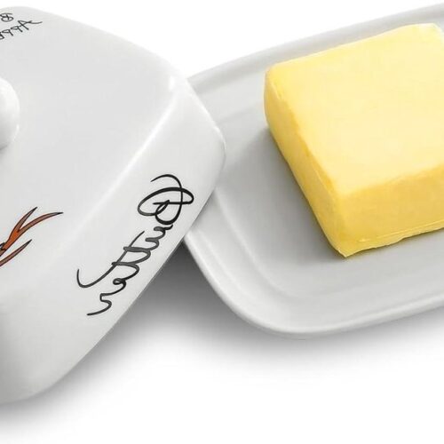 Botervloot voor 250 g boter - hoogwaardig keramiek - wit met gekleurd vogelpatroon - porselein - klassieke botervloot - botervlook - boterschaal - boterbox - vaatwasmachinebestendig
